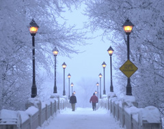 Pedestrians on a beautiful bridge in winter, Winnipeg, Manitoba, Canada